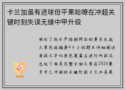 卡兰加虽有进球但平果哈嘹在冲超关键时刻失误无缘中甲升级